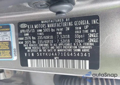 2014 Kia Sorento Ex V6 из США, поврежденный, VIN 5XYKU4A71EG454341